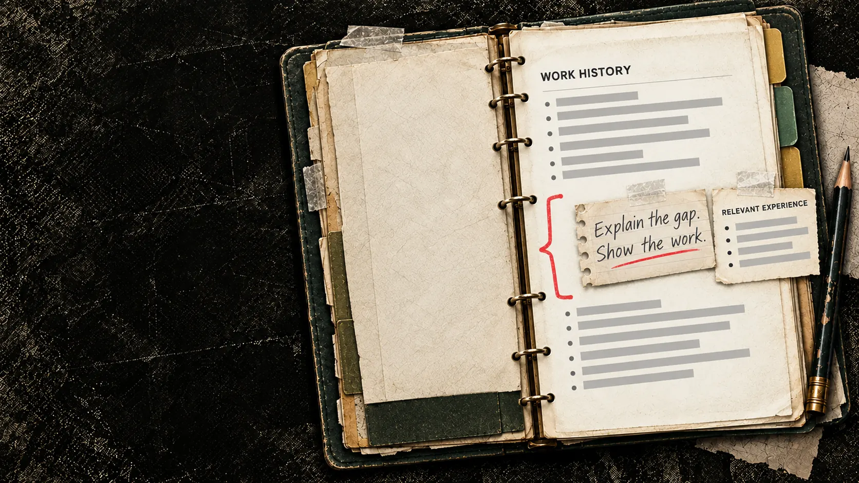 A work history page with a gap bracketed in red and a note that reads Explain the gap. Show the work., beside a card of relevant experience.