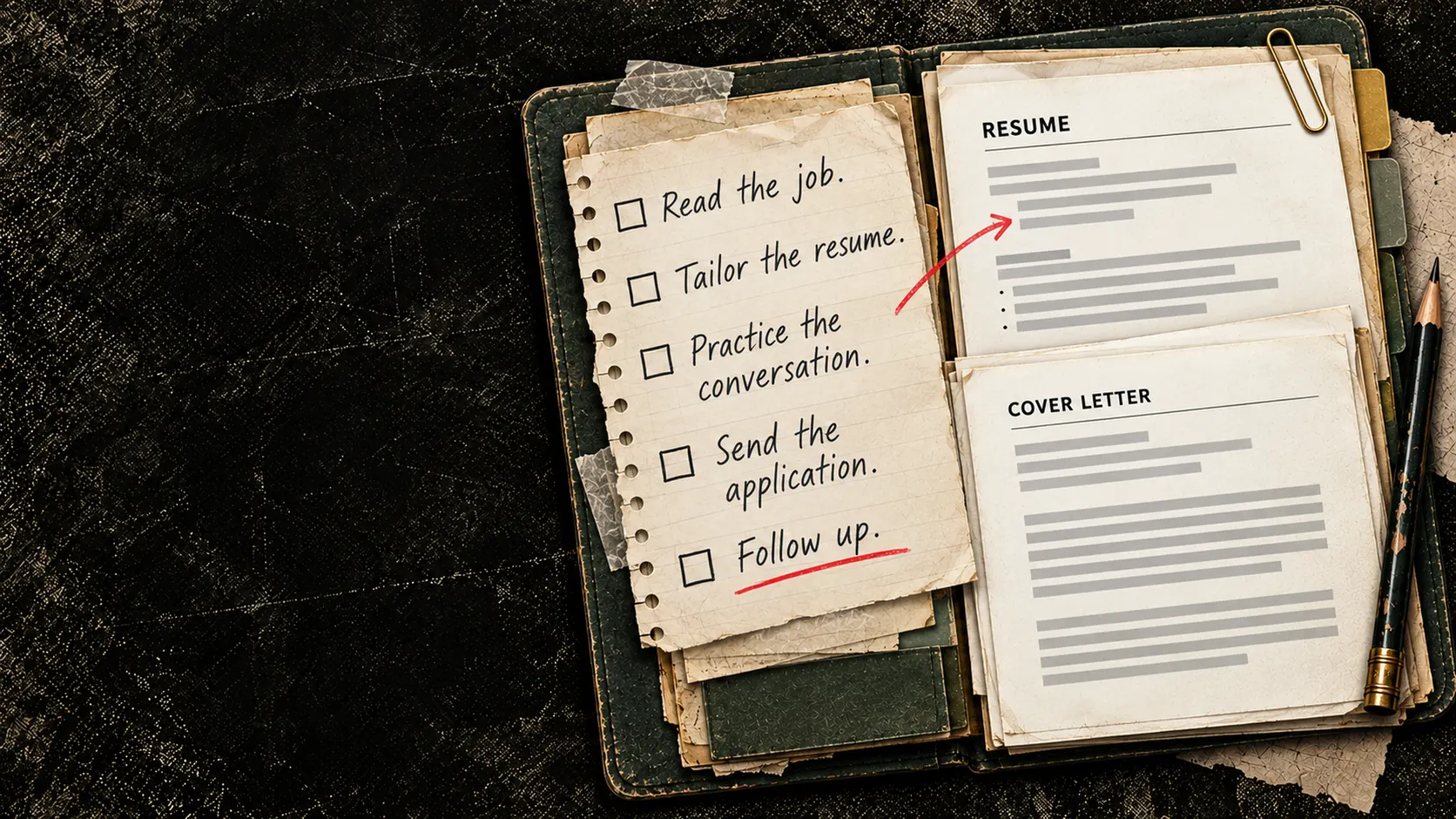 A checklist, Read the job, Tailor the resume, Practice the conversation, Send the application, Follow up, beside a resume and a cover letter.