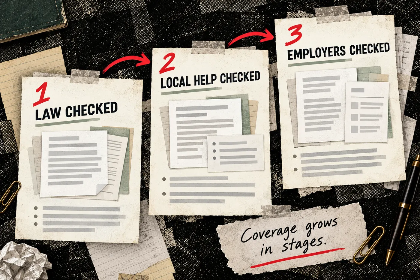 Three taped pages joined by red arrows: 1 Law checked, 2 Local help checked, 3 Employers checked. A note reads Coverage grows in stages.