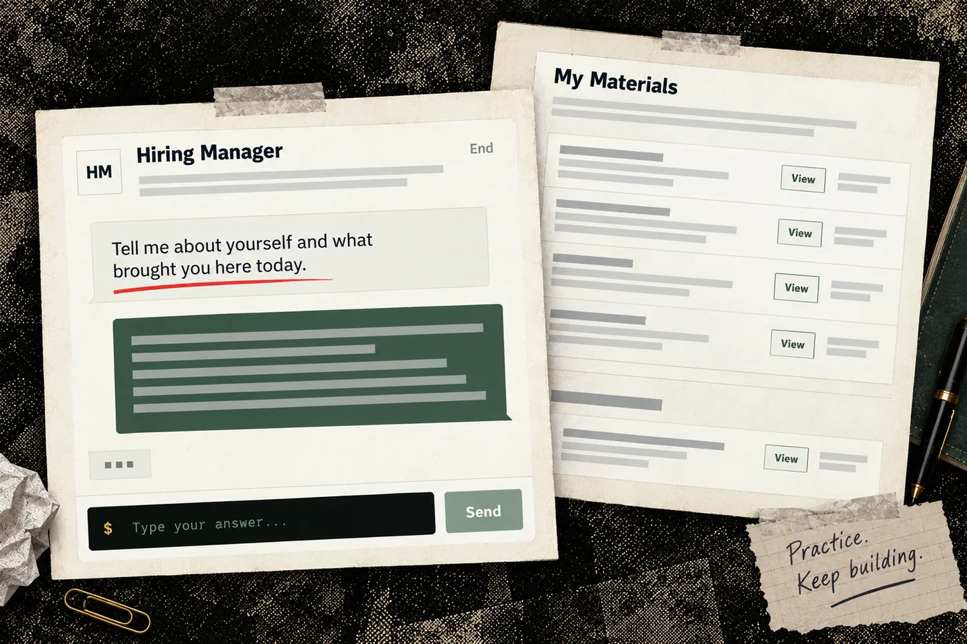 Interview practice with a hiring manager asking Tell me about yourself and what brought you here today, beside the saved materials list. A note reads Practice. Keep building.