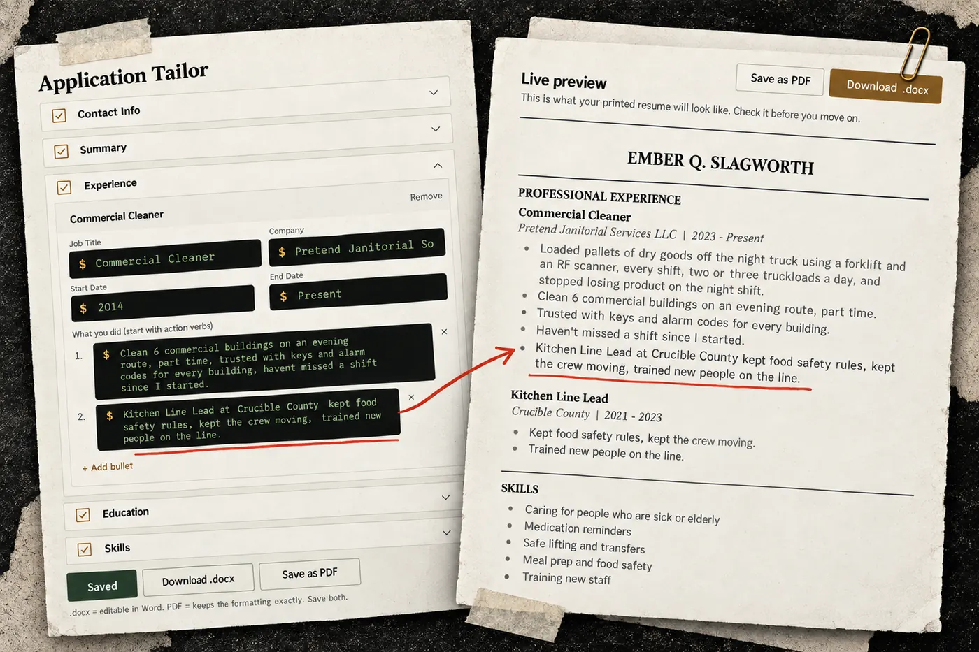 The Application Tailor printed and taped up: a bullet in the editor joined by a red line to the same line on the live resume preview.