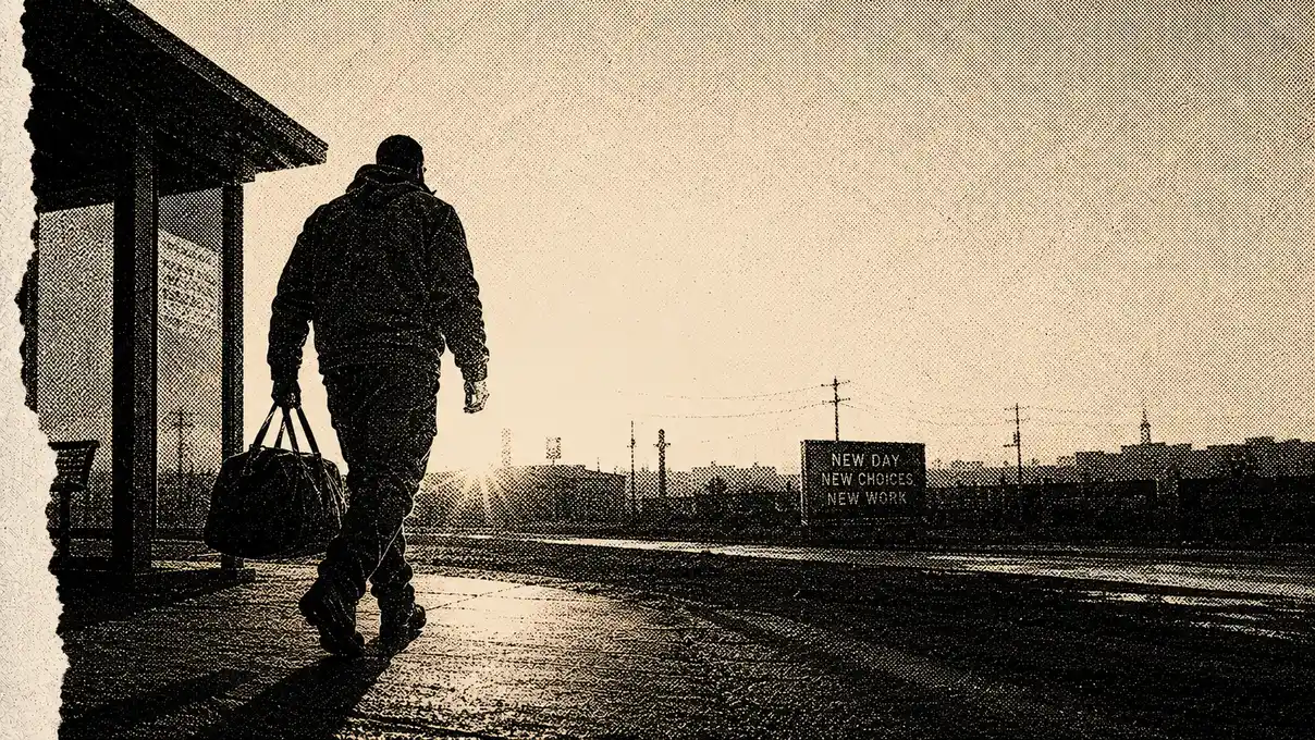 A strong figure with a duffel bag stepping through a doorway at dawn, toward warm gold light on the horizon