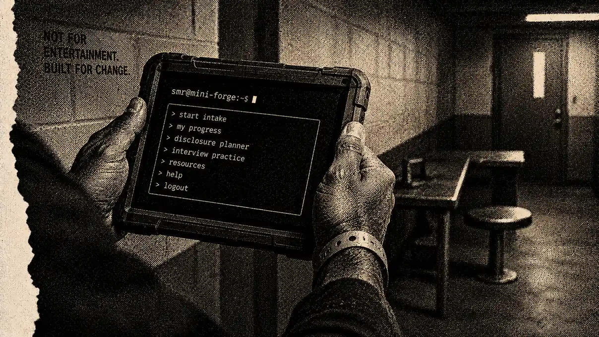 Hands holding a rugged tablet in institutional light, screen showing a simple terminal prompt glow