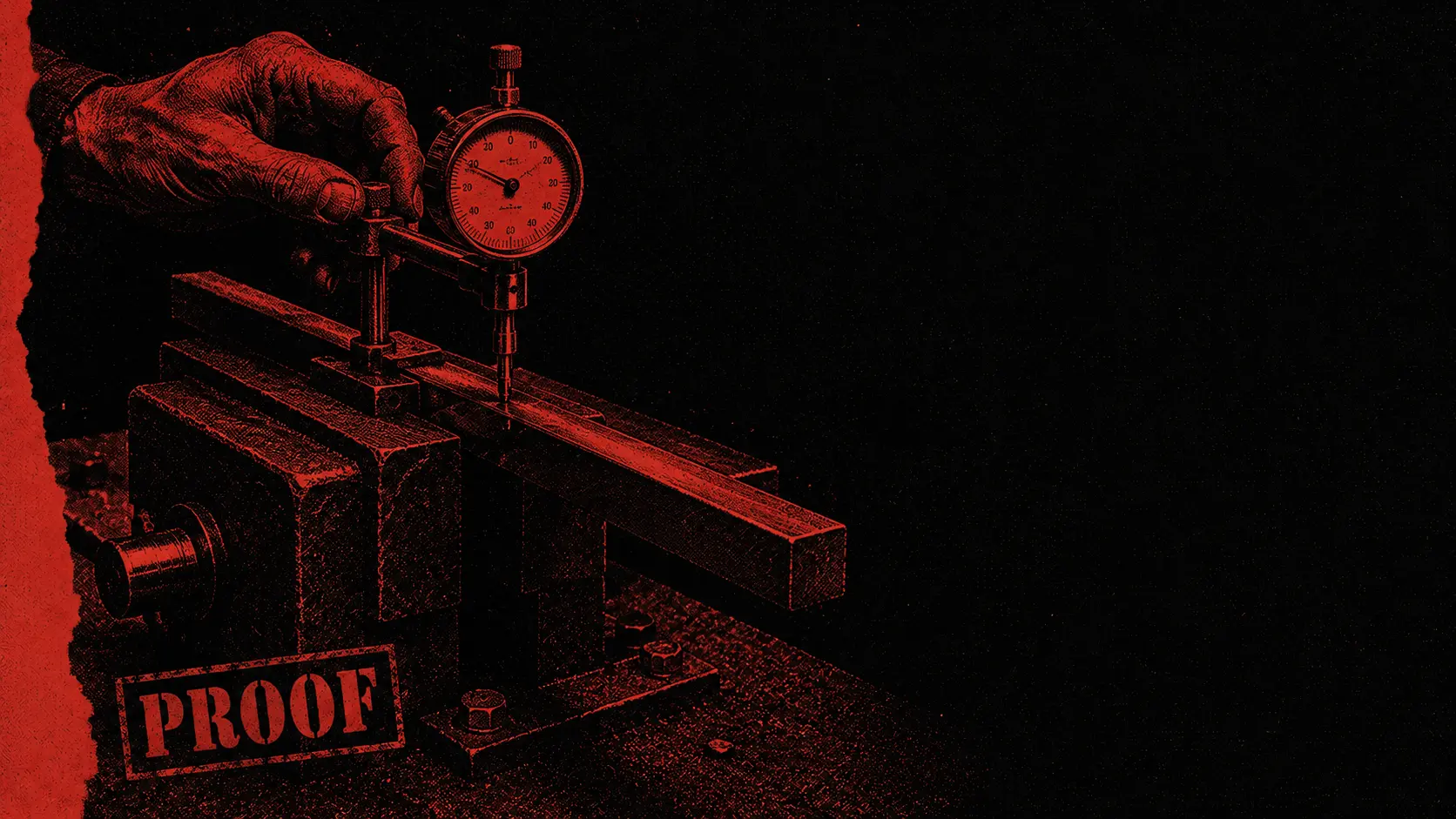 A steel bar in a vise under a gauge, a maker's stamp mid-strike into finished metal, the word PROOF on the gauge face