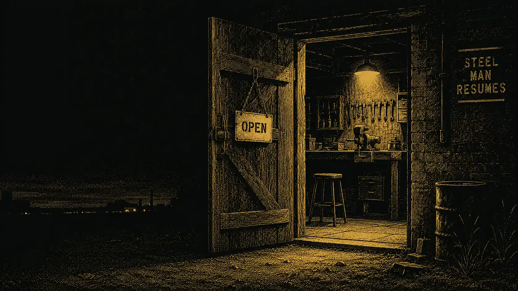 A workshop door propped open at night, warm gold light spilling out onto a waiting stool, a small hanging sign reading OPEN