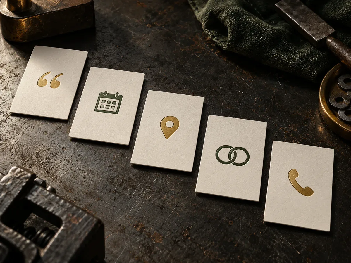 Five tactile evidence cards representing words, date, place, corroboration and a call