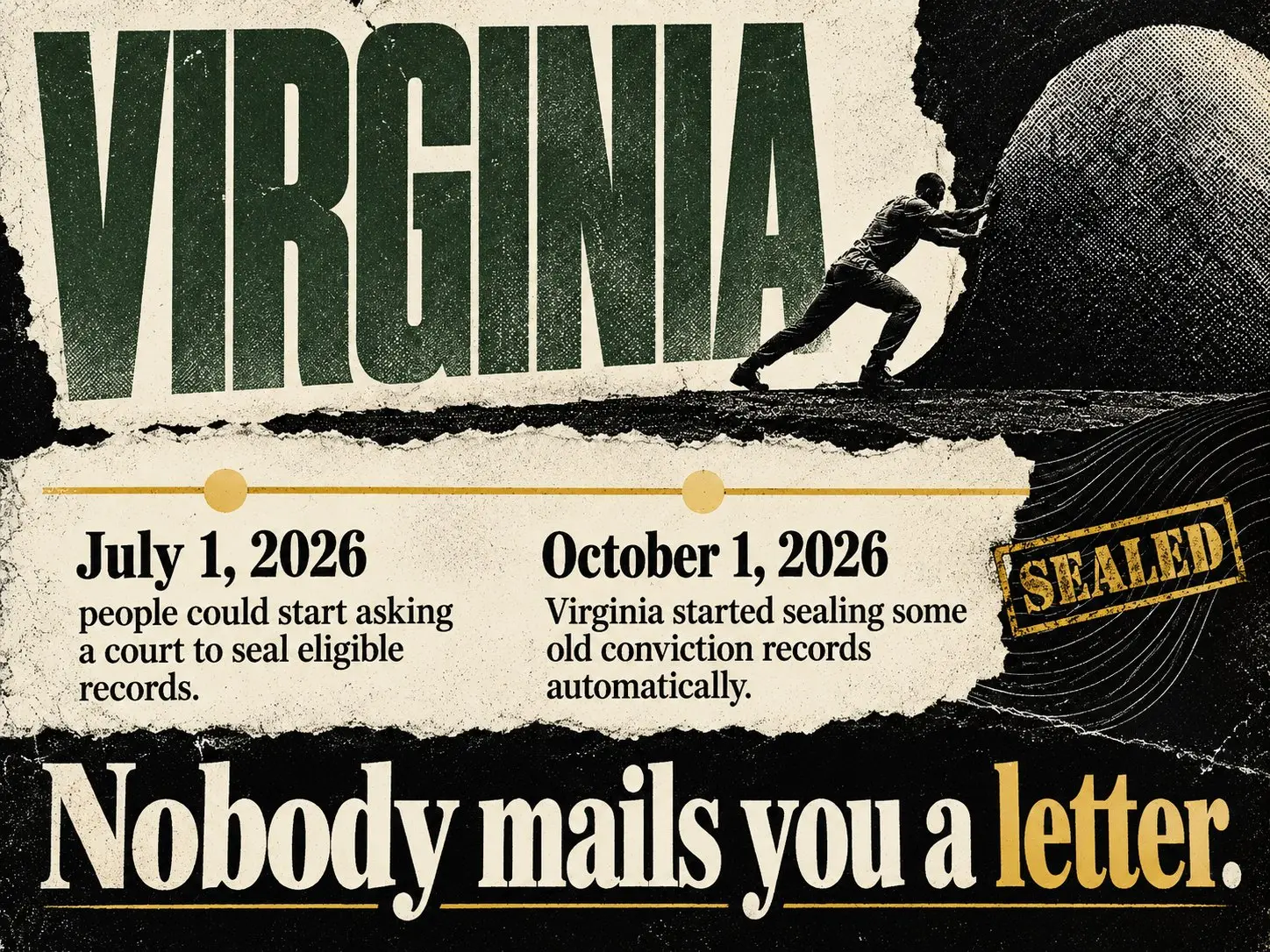 Virginia's July 1 and October 1, 2026 record-sealing milestones on a torn-paper timeline.