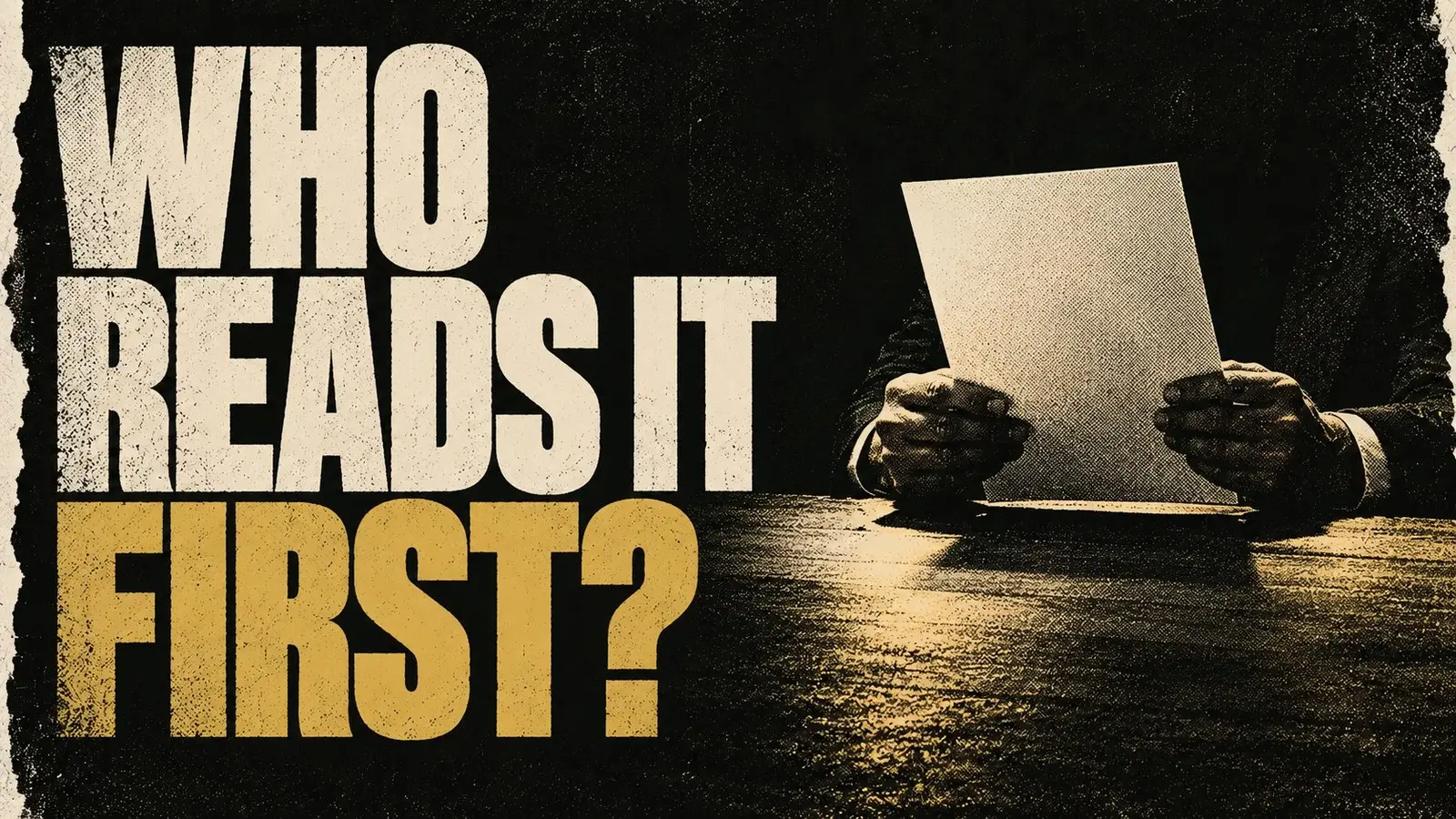 Hands holding a sheet of paper across a dark table, with the words Who reads it first?