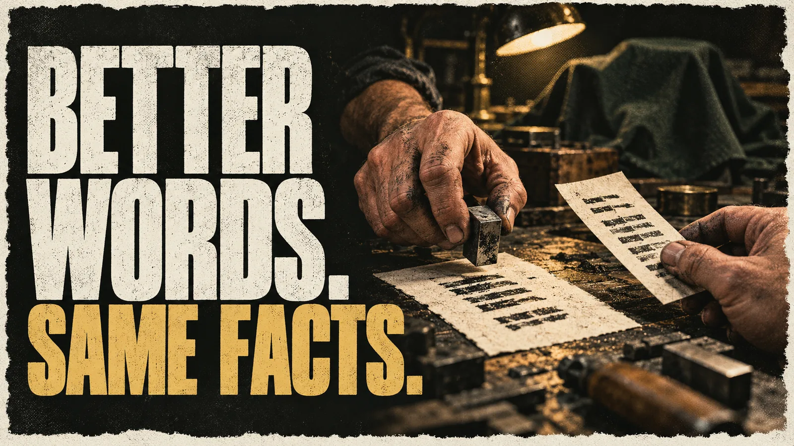 Two weathered hands press a metal stamp onto a strip of paper beside a second strip, a lamp and a covered machine on a workbench. The words Better words. Same facts.
