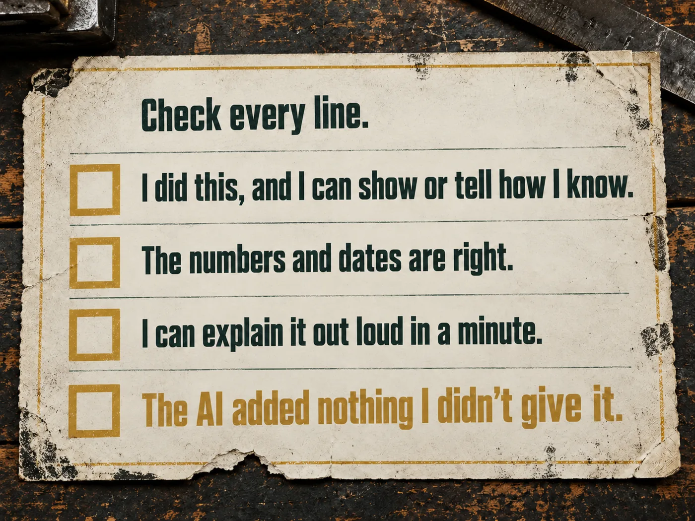 A worn paper checklist with four boxes: I did this, and I can show or tell how I know. The numbers and dates are right. I can explain it out loud in a minute. The AI added nothing I didn't give it.