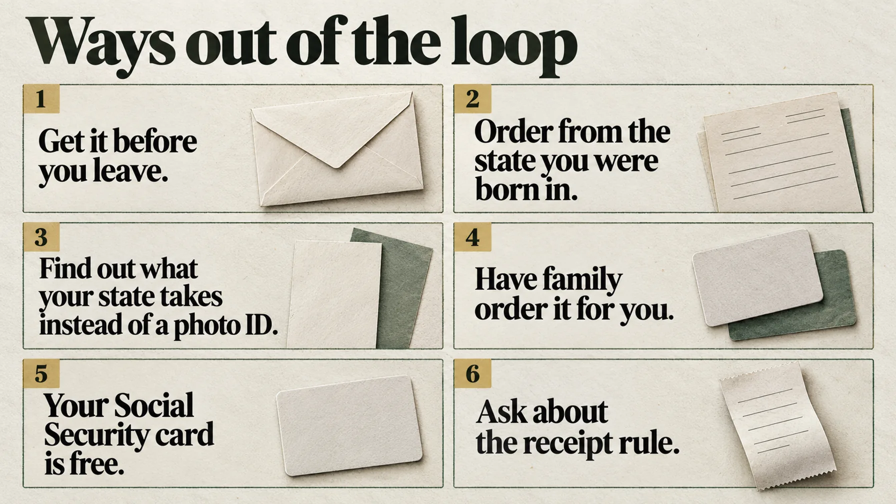 Six ways out: before release, birth state, alternative documents, family, free Social Security card, and receipt rule.