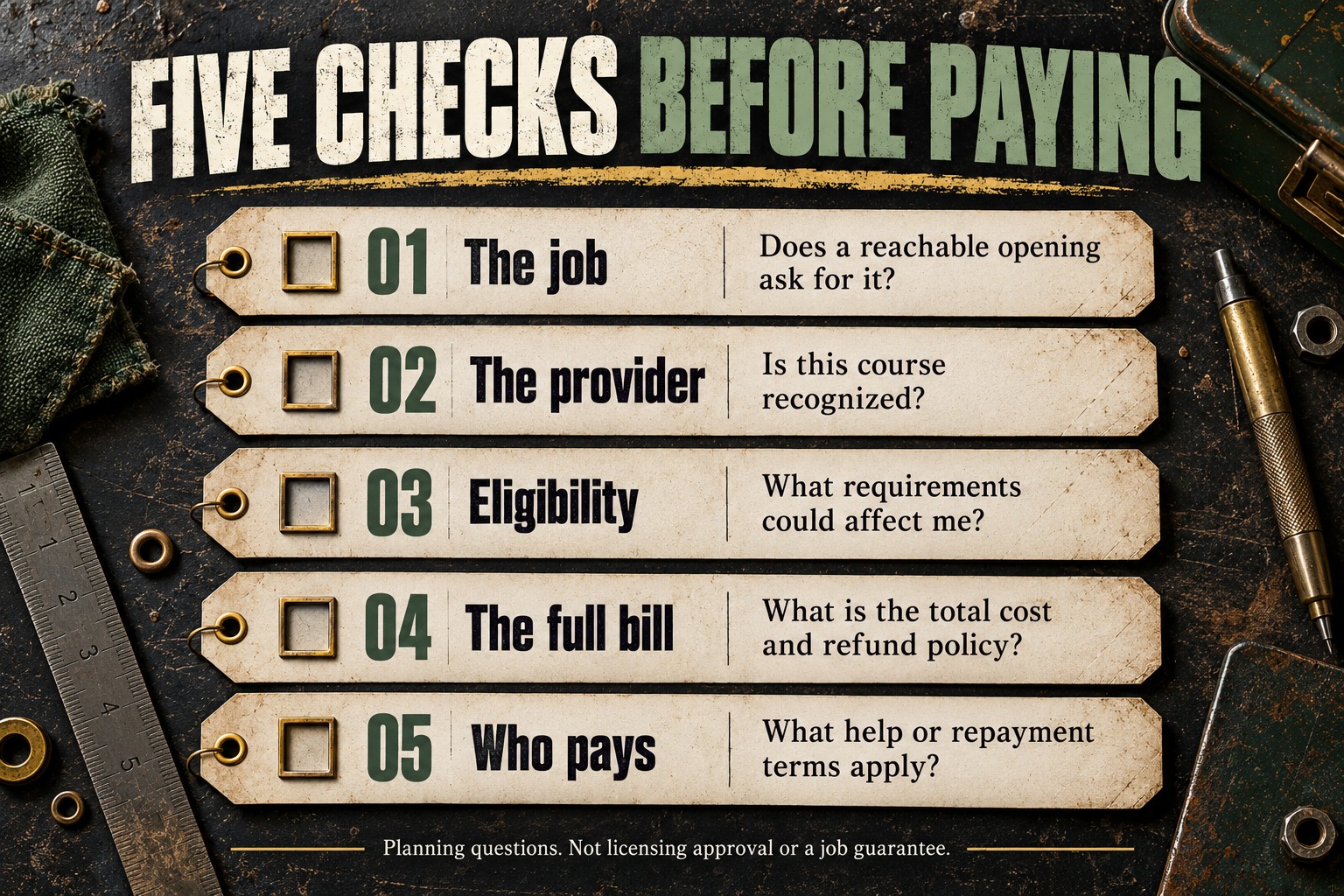 Five checks before paying: The job, The provider, Eligibility, The full bill, Who pays. Planning questions, not licensing approval or a job guarantee.